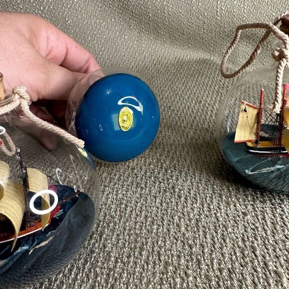 Ship in a bottle glass ball ornaments sailboat on the sea round Set of 3 - Picture 6 of 9